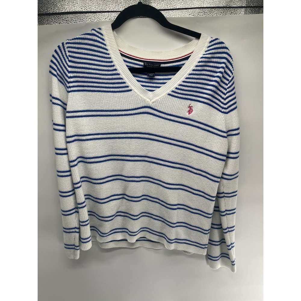 US‎ POLO ASSN WOMEN'S SWEATER NAUTICAL STRIPED V-NECK WHITE BLUE sz LARGE